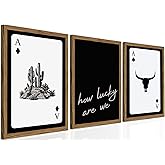 Western Wall Art Set of 3, Southwestern Cowboy Playing Card Wall Decor, Longhorn Bull Skull and How Lucky are We Poster Canvas Painting Prints for Bedroom Living Room 12x16 inch Wood Framed