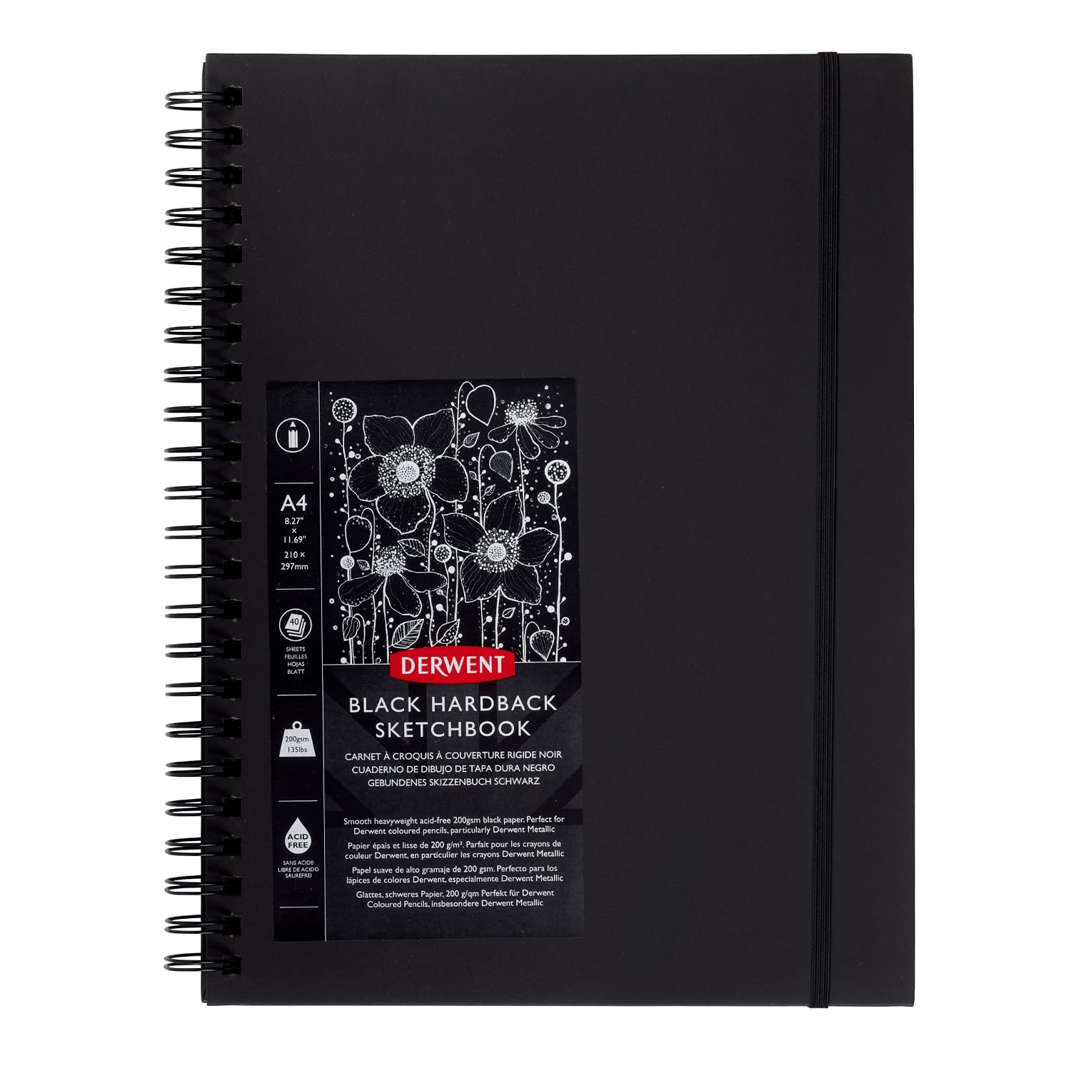 Derwent Black Paper Sketch Book, A4 Portrait, Drawing & Writing, 40 Sheets, Acid-Free Paper, Wirebound Spine, Professional Quality, Black Book, 2300379