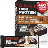 MUSASHI High Protein Bar, 45g Protein, Dark Chocolate &amp; Salted Caramel | Under 1g Total Sugars, Post Workout and Protein Snack On The Go, 3.2oz (90g) Bars, Low Sugar