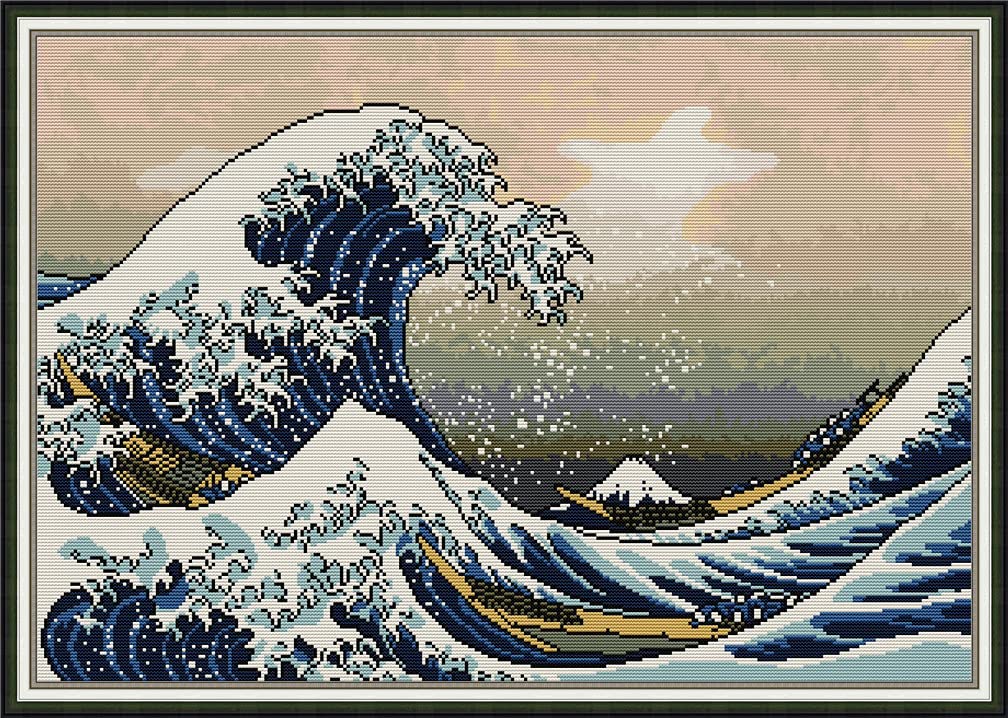 Amiiba Stamped Cross Stitch Kits, The Great Wave Off Kanagawa DIY 11CT 29.9x21.6 inch (Wave)