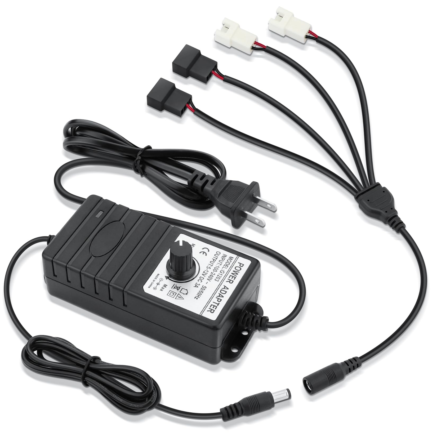 Photo 1 of Wathai 36W 12V PWM PC Fan Speed Controller, 100-240VAC to 5-12V 3A Adjustable Power Adapter, 2P 3P 4Pin Cooling Fan Splitter Cable DC Female to 2/3/4 Pin