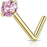 Enticera 2mm 14k Gold Plated G23 Titanium L Shaped Nose Rings Studs for Sensitive Skin Hypoallergenic 20g Round Cubic Zircon Handmade Titanium Thin Nose Rings L Shaped Nose Piercings Studs for Women
