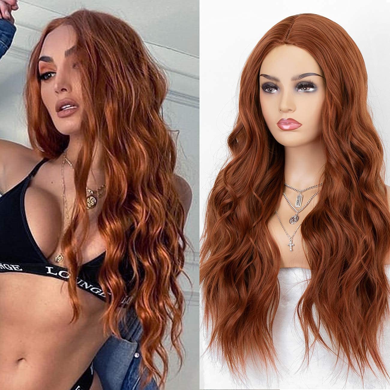 Kryssma Copper Red Wig with Middle Parting #350 Long Wavy Synthetic Wigs for Women Heat Resistant