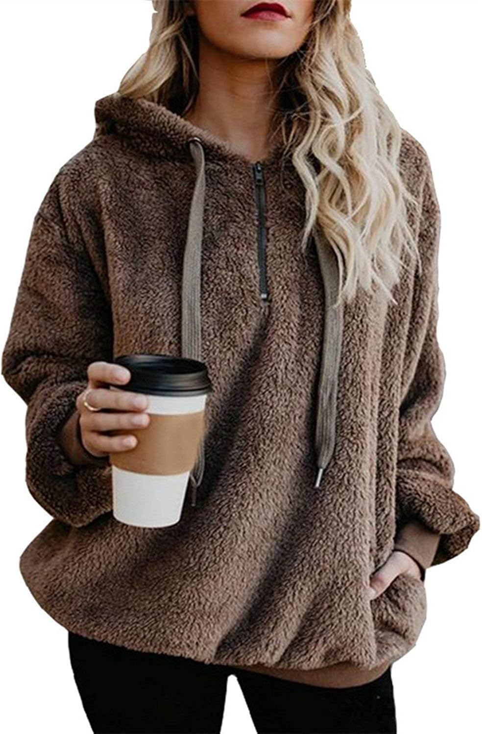 ReachMe Womens Oversized Sherpa Pullover Hoodie with Pockets Fuzzy Fleece Sweatshirt Fluffy Coat: Clothing