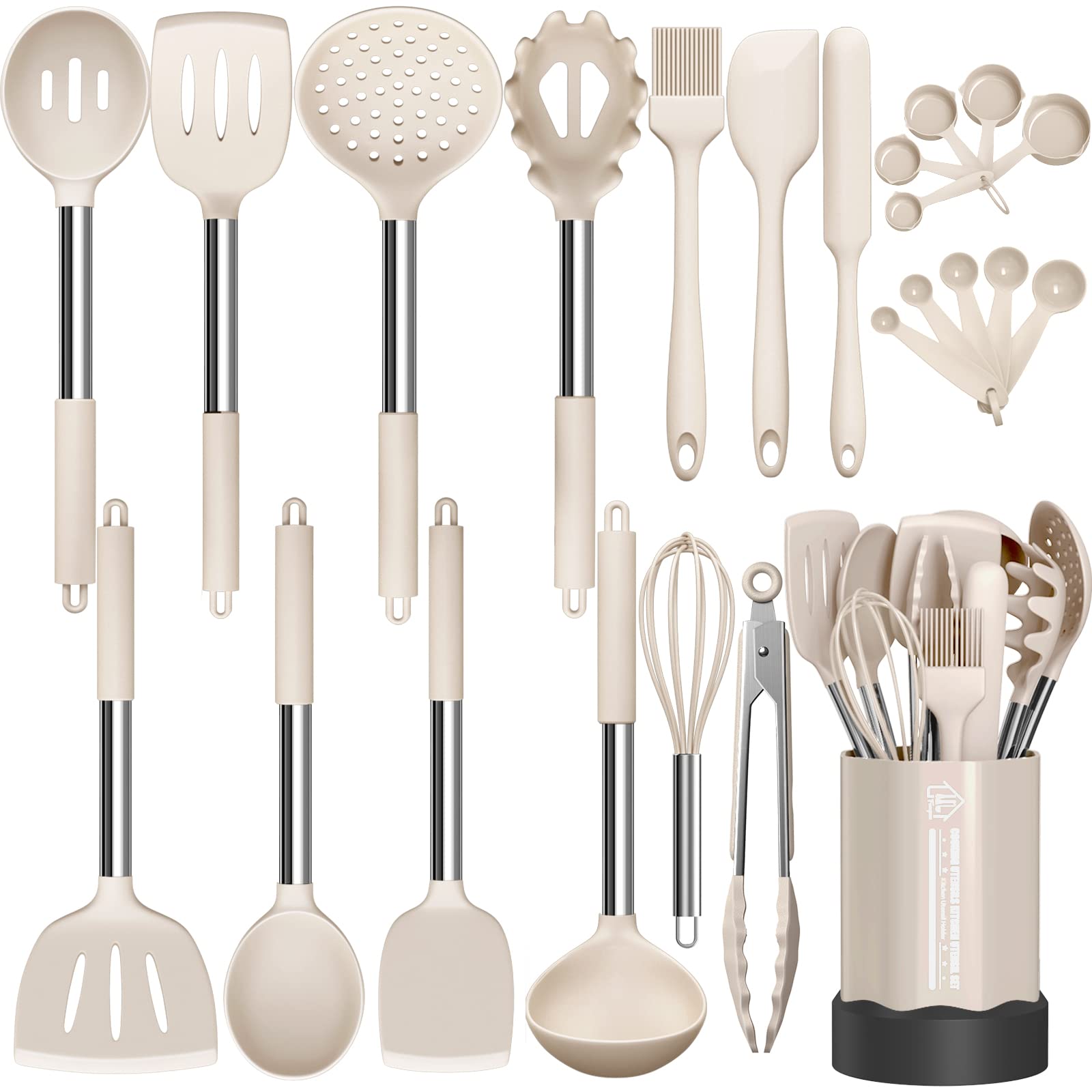 Photo 1 of Silicone Cooking Utensil Set, Fungun Non-stick Kitchen Utensil 24 Pcs Cooking Utensils Set, Heat Resistant Cookware, Silicone Kitchen Tools Gift with Stainless Steel Handle (Khaki-24pcs) …