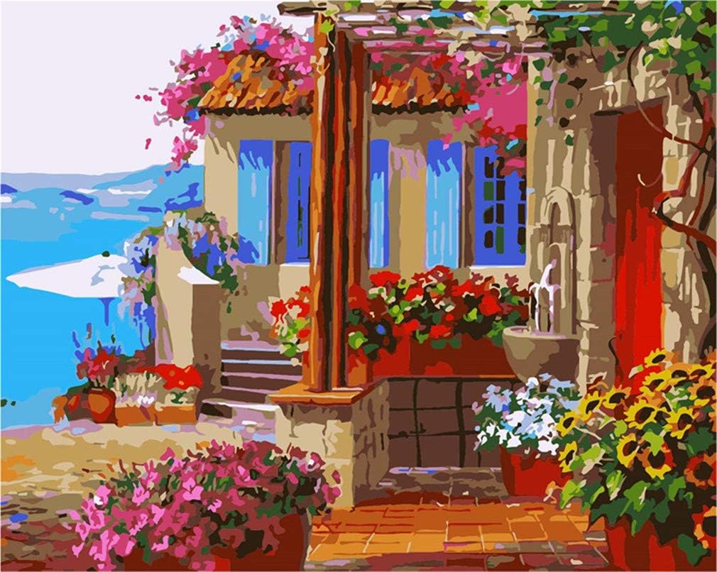 Sonby Paint by Numbers Canvas Paints Brushes Kits for PBN Beginners, Seaside Flower House Acrylic Painting by Numbers for Home Wall Décor,Unframed 16x20"
