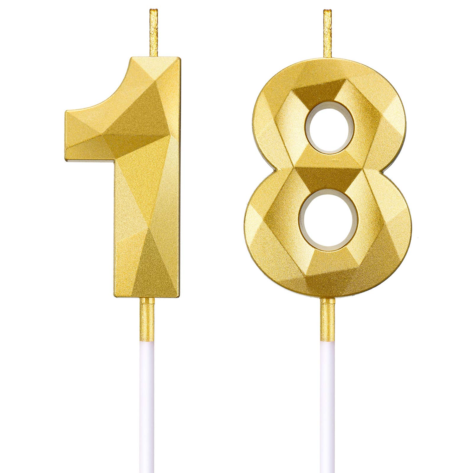 BBTO 18th Birthday Number Candles 3D Diamond Shape Cake Candles Number 18 Cake Topper Decoration for Birthday Wedding Anniversary Celebration Supplies, Gold