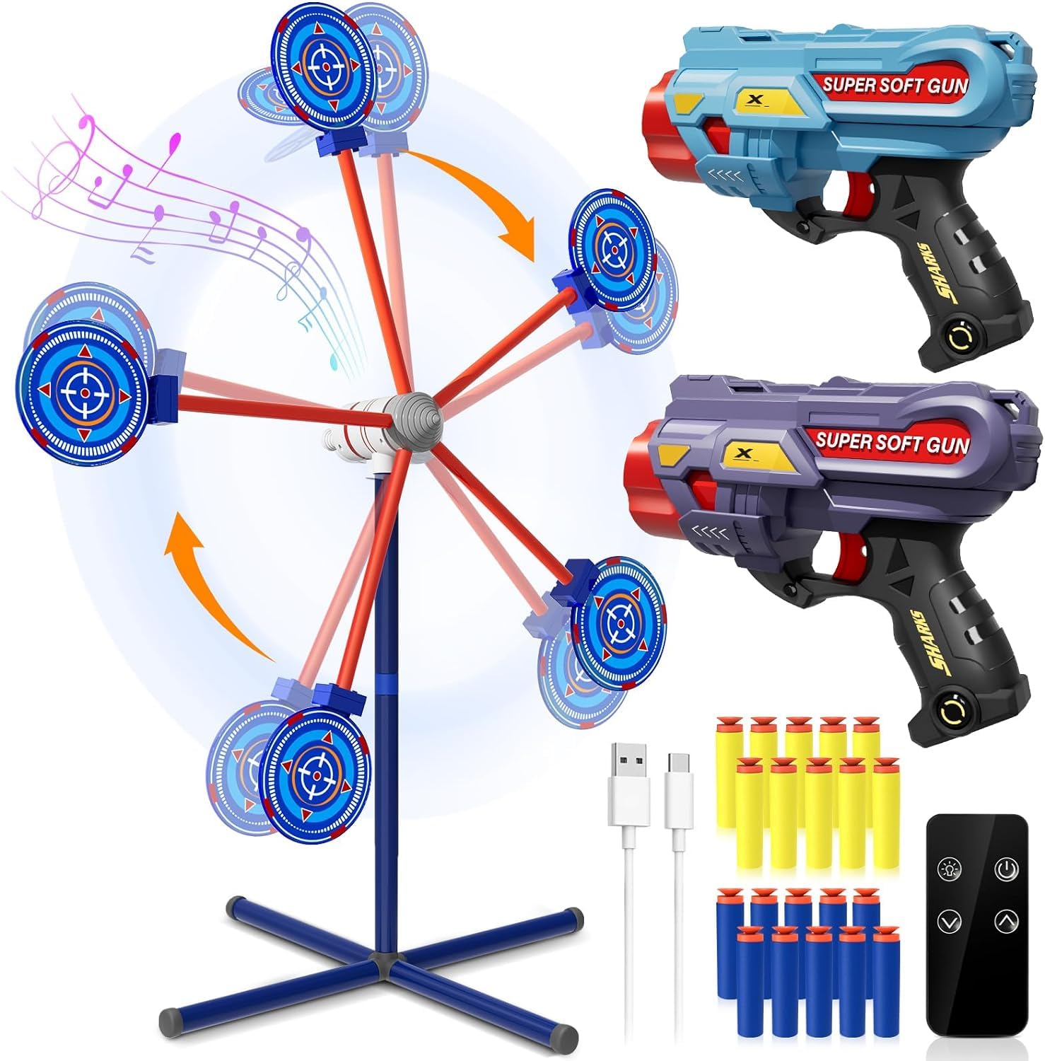 M&LD Rotating Shooting Games Toys with 42 Inch Auto-reset Target 20 Foam Darts 2 Toy Guns for Nerf Target Game for Boys Age 4 5 6 7 8 9 10+ Years Old Christmas Birthday Gifts
