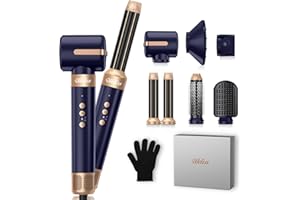 UKLISS Hair Dryer Brush 7 in 1，110000 RPM Hair Dryer with Diffuser for Curly & Twisted Hair Professional Ionic Brush Blow Dryer for Salon-Quality Styling (Blue Gold)