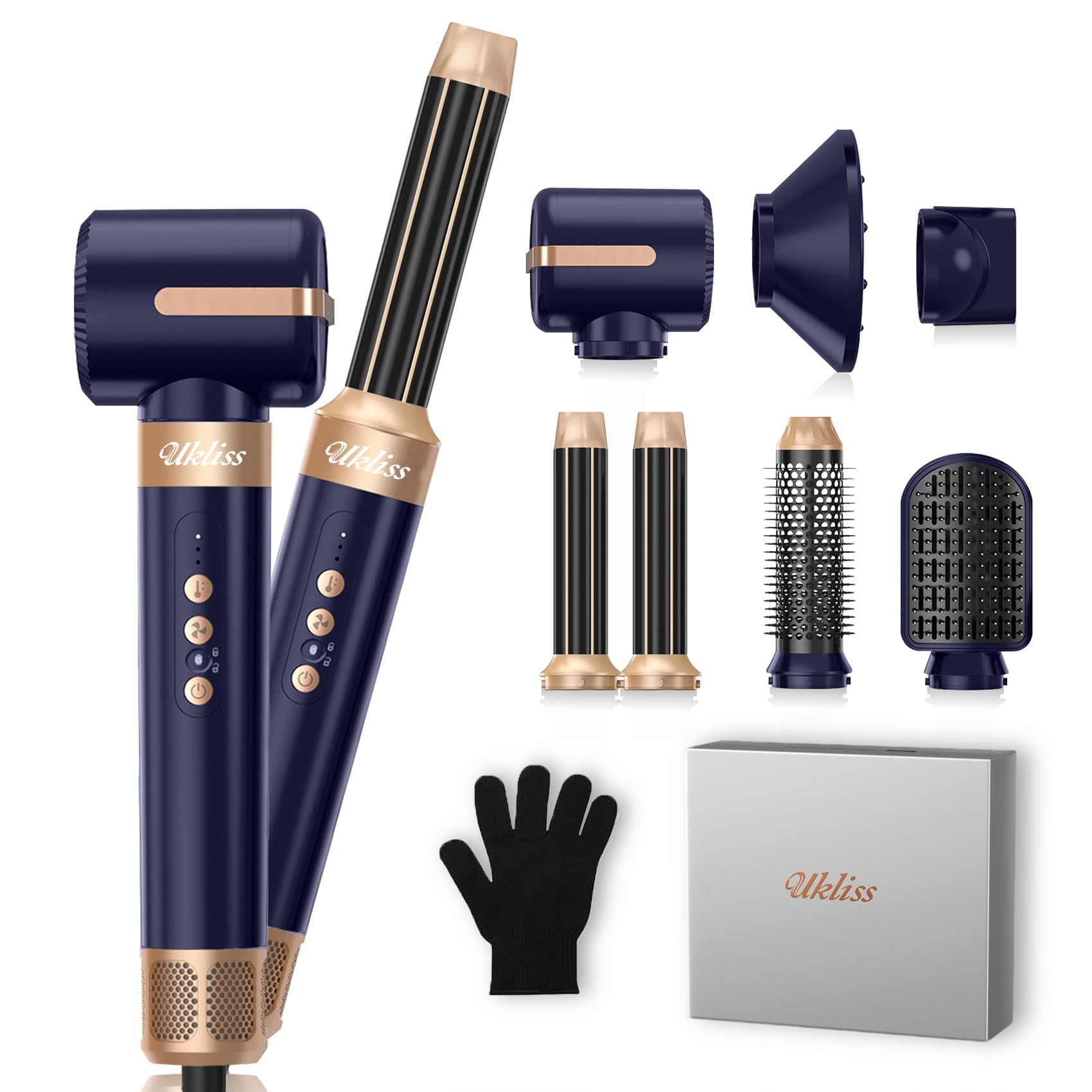 Photo 1 of UKLISS Hair Dryer Brush 7 in 1?110000 RPM Hair Dryer with Diffuser for Curly & Twisted Hair Professional Ionic Brush Blow Dryer for Salon-Quality Styling (Blue Gold)