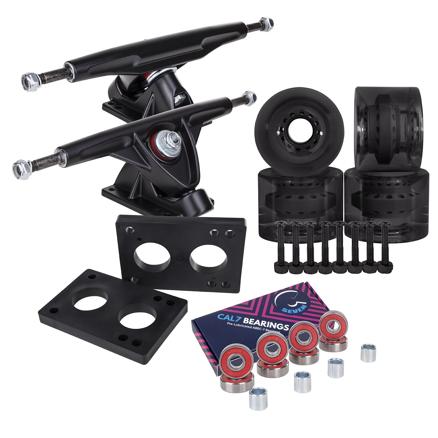 Cal 7 Longboard Truck and Wheel Combo Set (Black Truck with Transparent Black Wheels)
