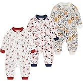 MAMIMAKA Newborn Baby 2-way Zipper Romper Cotton One-piece Jumsuit 3-pack, 0-24 Months