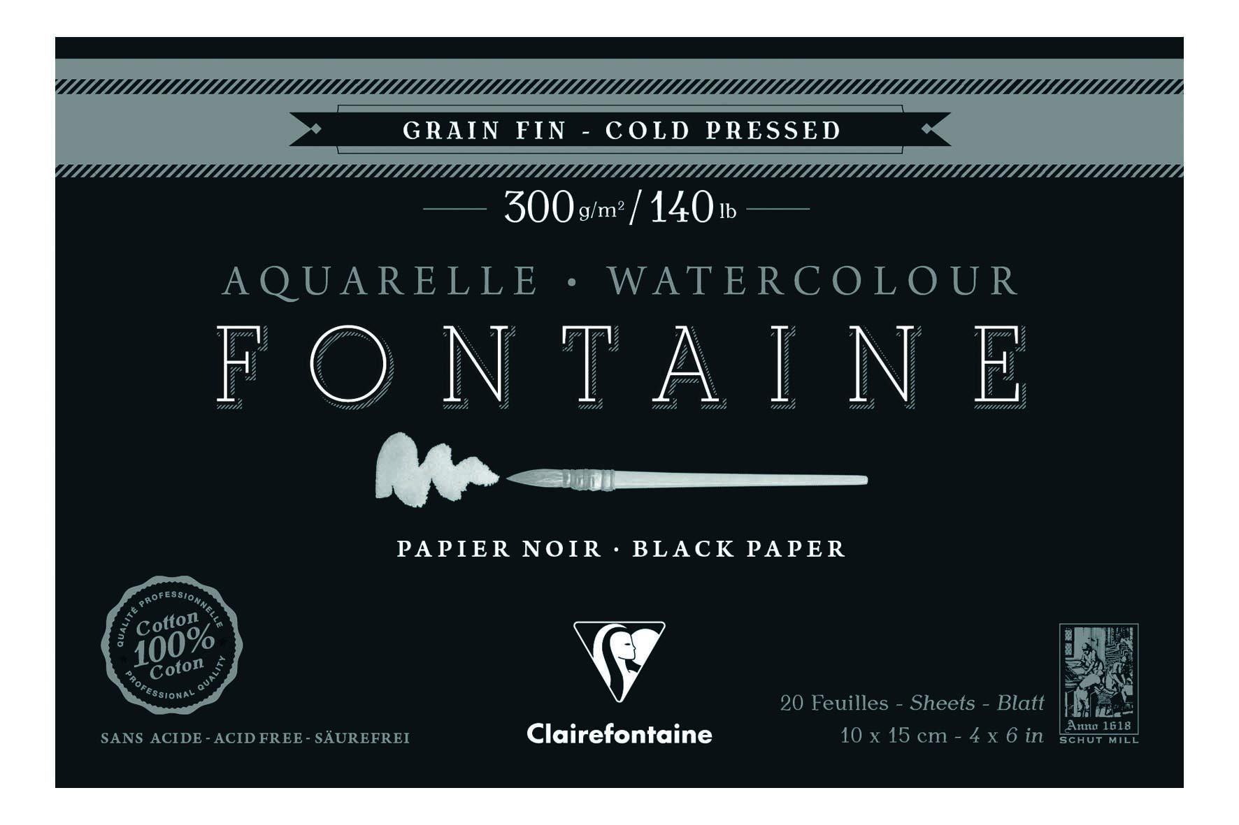Clairefontaine - Ref 975300C - Fontaine Cold Pressed Black Watercolour Pad (20 Sheets) - 10 x 15cm Size, 300gsm Paper - Suitable for Watercolour Artwork