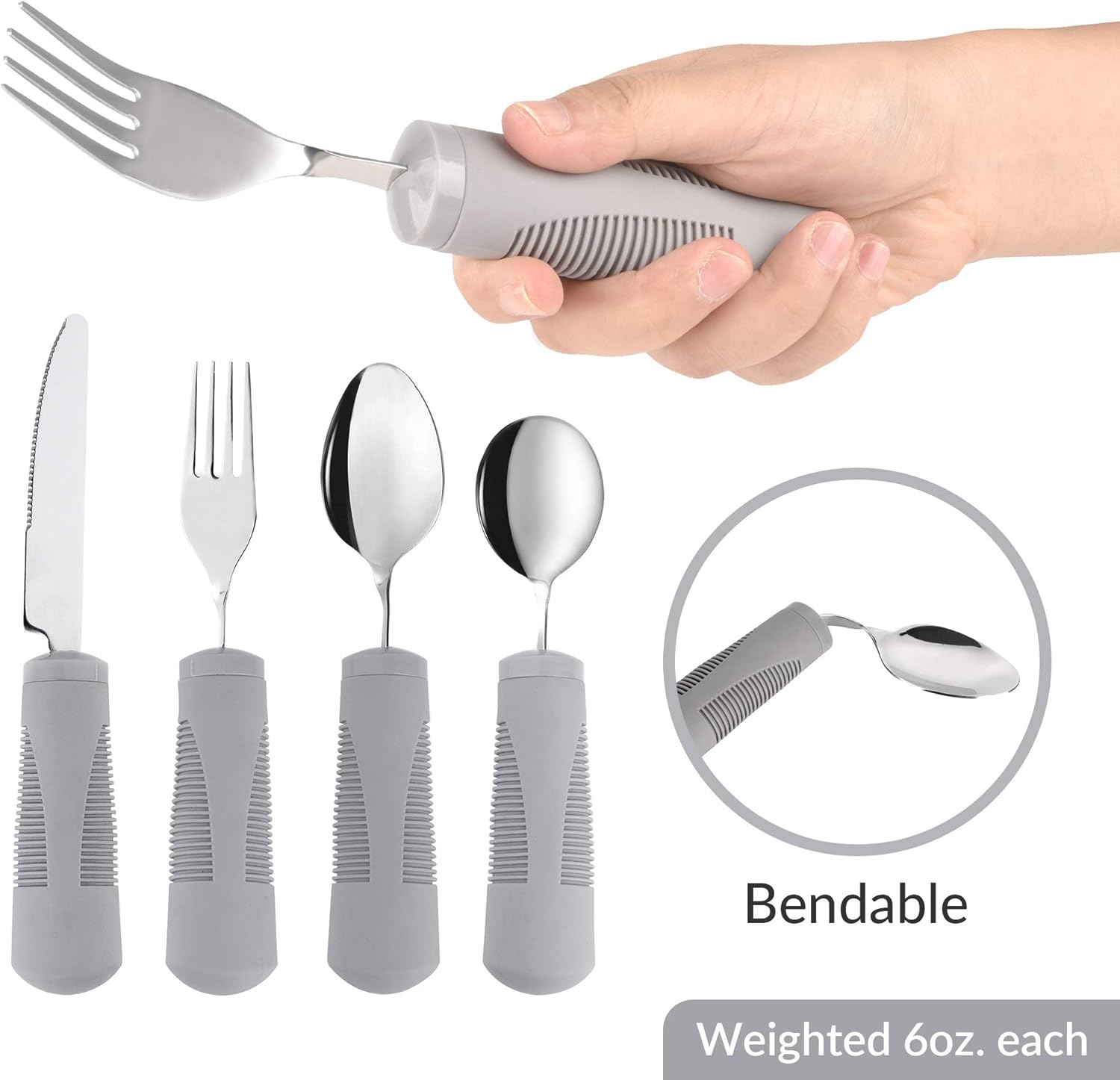 Adaptive Utensils (4-Piece Kitchen Set) Wide, Weighted, Non-Slip Handles for Hand Tremors, Arthritis, Parkinson’s or Elderly use - Stainless Steel Knife, Fork, Spoons (Gray Weighted Bendable): Health & Personal Care