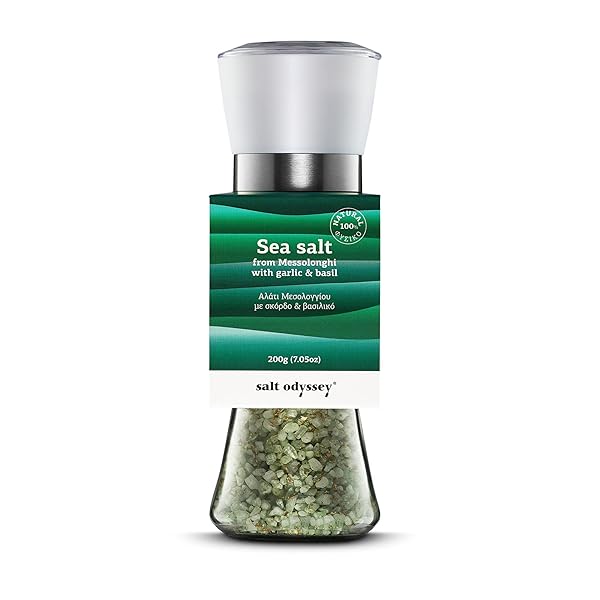 SALT ODYSSEY GRINDER SALT, PURE SEA SALT FOR SEASONING MEAT, FISH AND CHICKEN, 100% NATURAL SEA SALT FROM GREECE, GOURMET SEA SALT WITH GARLIC & BASIL MILL GRINDER (7.05 OZ.)