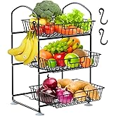 3 Tier Wire Baskets with 2 Banana Hangers, Detachable Countertop Fruit Vegetable Basket for Pantry Organization and Storage, Kitchen Counter Basket Stand for Storage Potato Onion Bread Snack Veggie