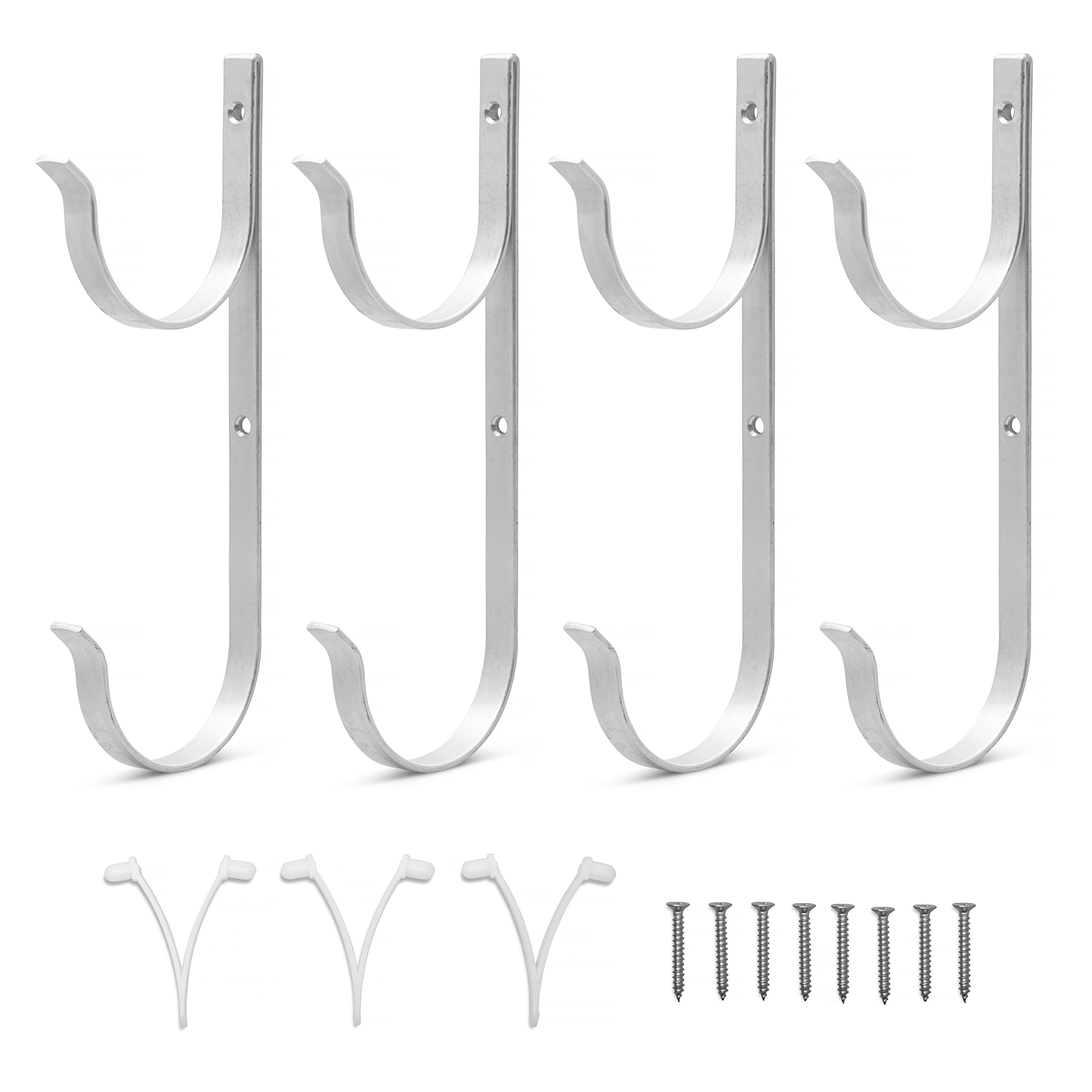 ZILATEMO Premium Garden Tools Organizer Garage Storage Hanger 4pc Broom Holder Set, Hooks for Telescopic Poles, Skimmers, Leaf Rakes, Hoses Organization Pool Pole Aluminium - Complete with ClipsTools