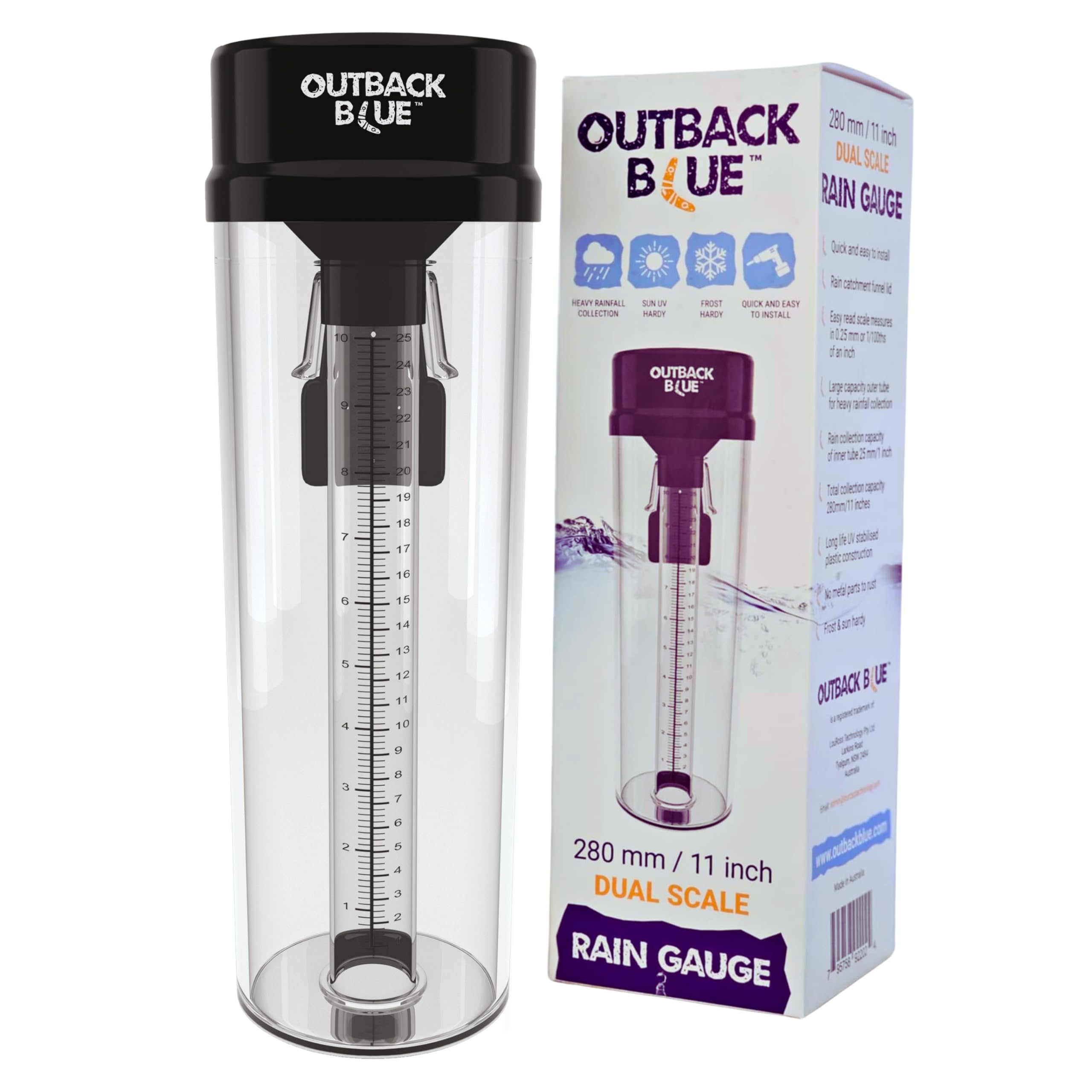 RAIN GAUGE Large 280mm/11 Inch Capacity by Outback Blue. Professional Style Rain Measuring Gauge With Mounting Bracket - Ideal Weather Management Tool for Lawn, Garden & Farm