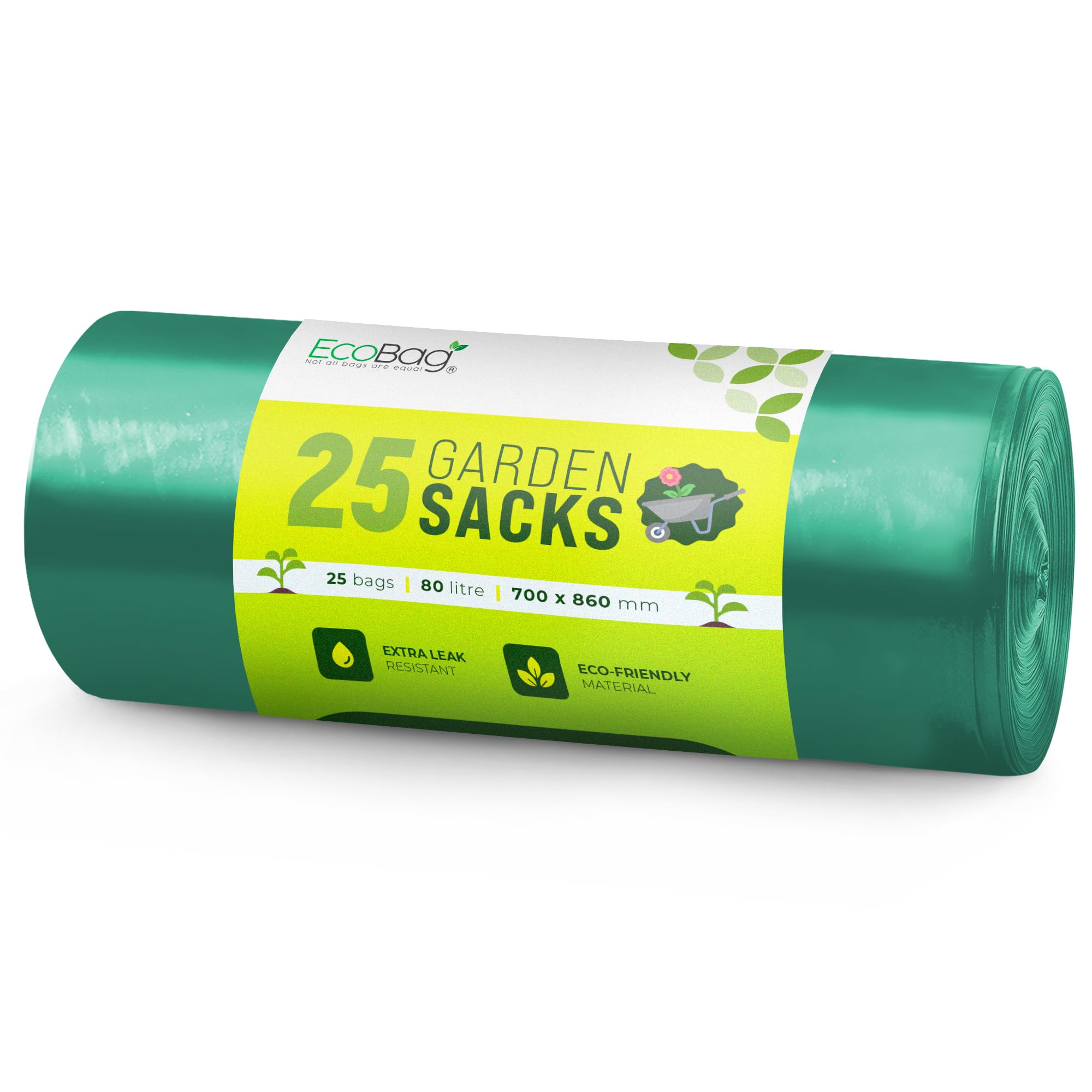 EcoBag - 25 Pack Extra Strong Heavy Duty Garden Sacks - 80L - 30 Microns - Recyclable, Leak Resistant & Eco-Friendly, Durable Garden Waste Disposal Bags for Household & Commercial Use (700x860mm)