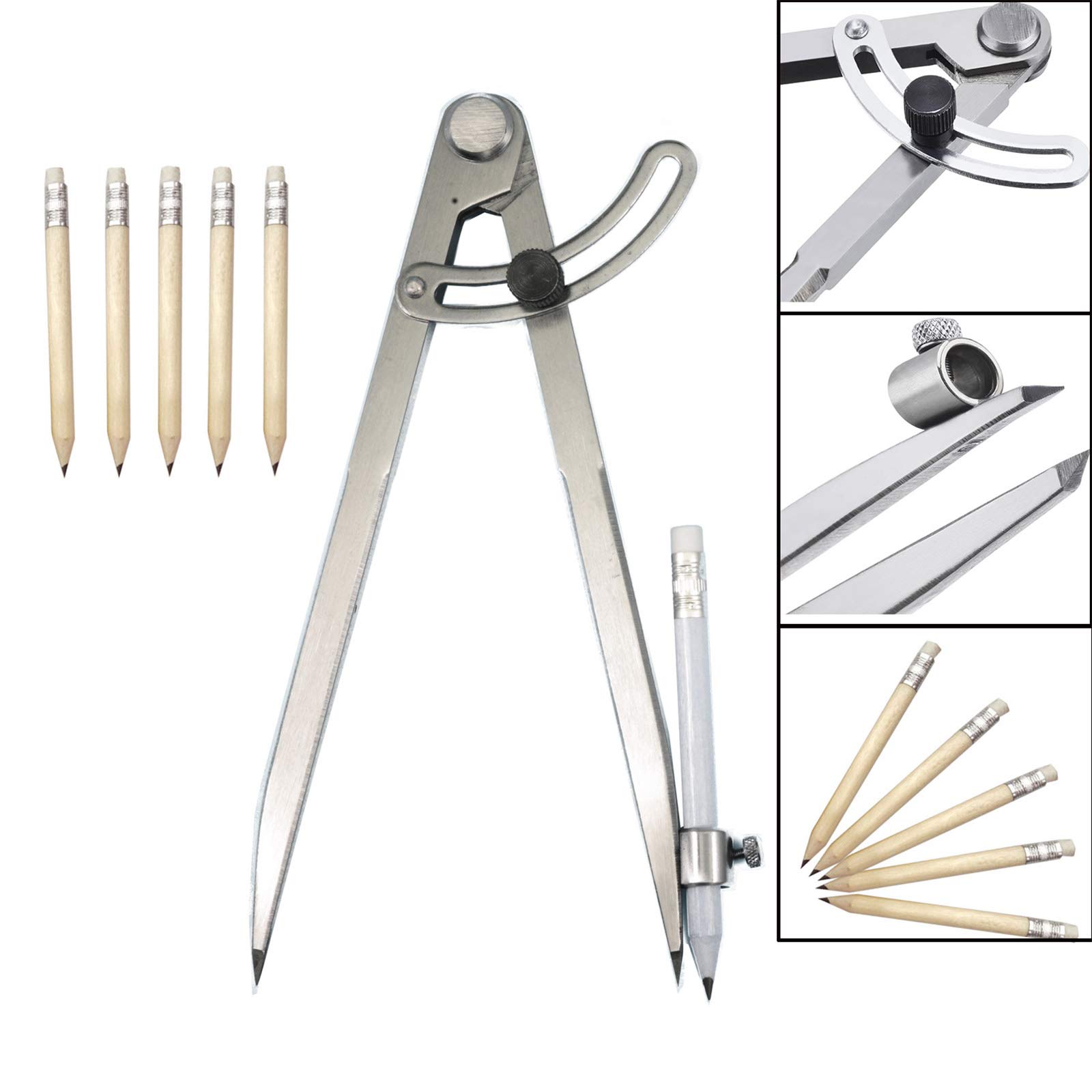 SETROVIC -DE Pointed Compass 200 mm / 8 Inches, Large Pencil Marking Compass with Pencil Holder for Drawing Circles, Carpentry, Metalworking and Leather Crafting