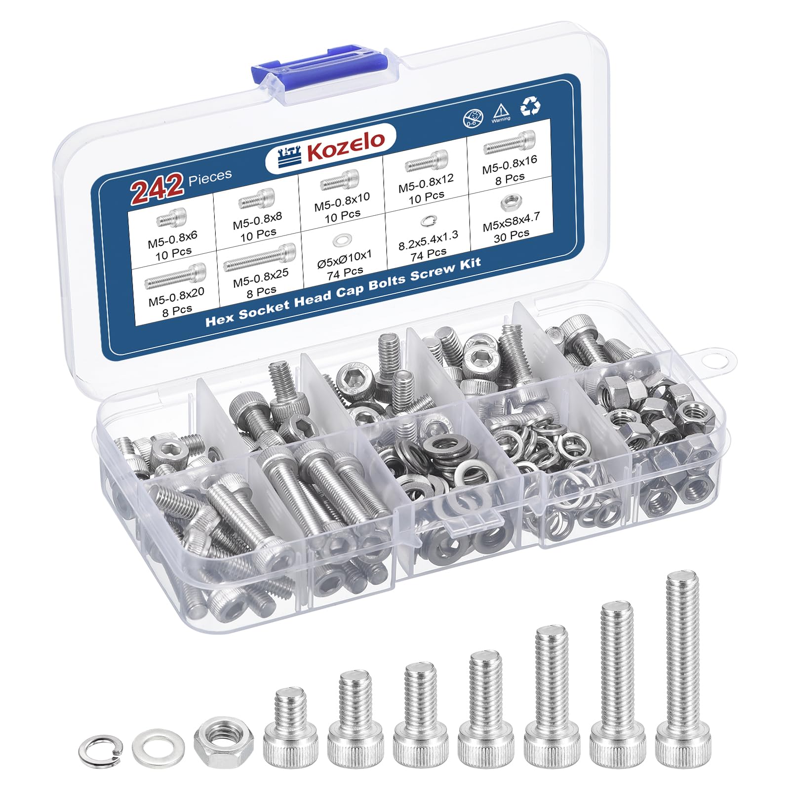 Kozelo 242pcs M5 Socket Head Cap Screws Bolts Nuts Assortment Kit - [M5x6/8/10/12/16/20/25mm] 304 Stainless Steel Allen Socket Drive for 3D Printer