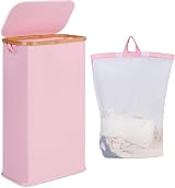 iEGrow 65L Slim Laundry Basket with Lid Pink Removable Inner Bag Foldable