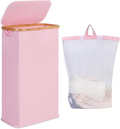 iEGrow 65L Slim Laundry Basket with Lid Pink Removable Inner Bag Foldable
