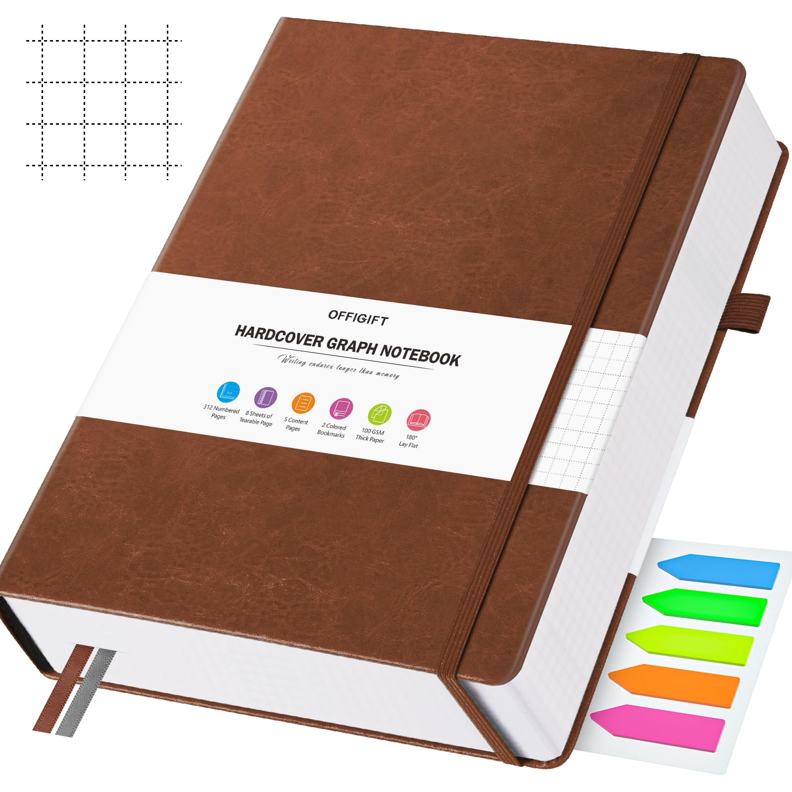 OFFIGIFT Squared Paper Notebook B5, 312 Numbered Pages Hardback Leather Journal, 100gsm No Bleed Grid Notebook with Index Pages, Graph Paper Notebook for Graphing Notes Math, 7.6'' X 10'', Brown
