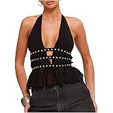 WDIRARA Women's Deep V Neck Halter Cut Out Top Sexy Rivet Sleeveless Backless Peplum Tops