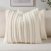 FUTEI Cream White Decorative Throw Pillow Covers 24x24 Inch Set of 2,Soft Fluffy Faux Rabbit Fur Thick & Thin Striped Textured European Cushion Case,Modern Home Decor for Couch Bed Living Room