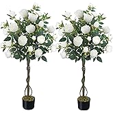 HUAESIN 2 Pack Artificial Rose Tree 4FT Fake Camellia Tree with White Flowers Faux Trees Indoor Artificial Trees for Home Decor Front Porch Living Room Outdoor Garden Yard