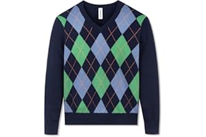 BOBOYOYO Boys Argyle Sweater 100% Cotton Cable Knit Boys Uniform Sweater V-Neck Christmas Kids Pullover for Children 5-14 Y