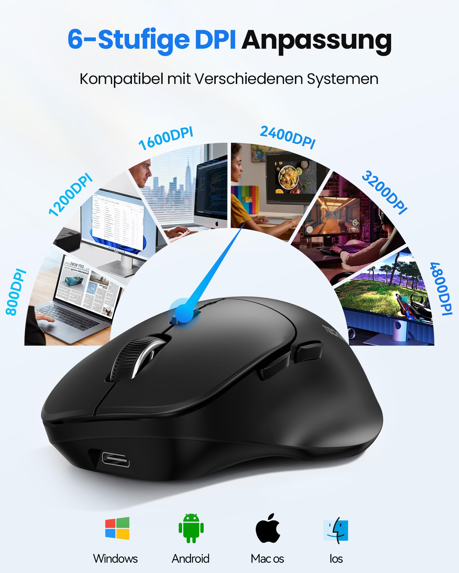 TECKNET Bluetooth Maus Wiederaufladbar, Maus Kabellos (Tri-Modi: BT5.0/3.0 + 2.4G) mit Ergonomische Daumenauflage, 4800 DPI Computer Leise Funkmaus für Laptop, PC, Mac OS, Android, Windows 5