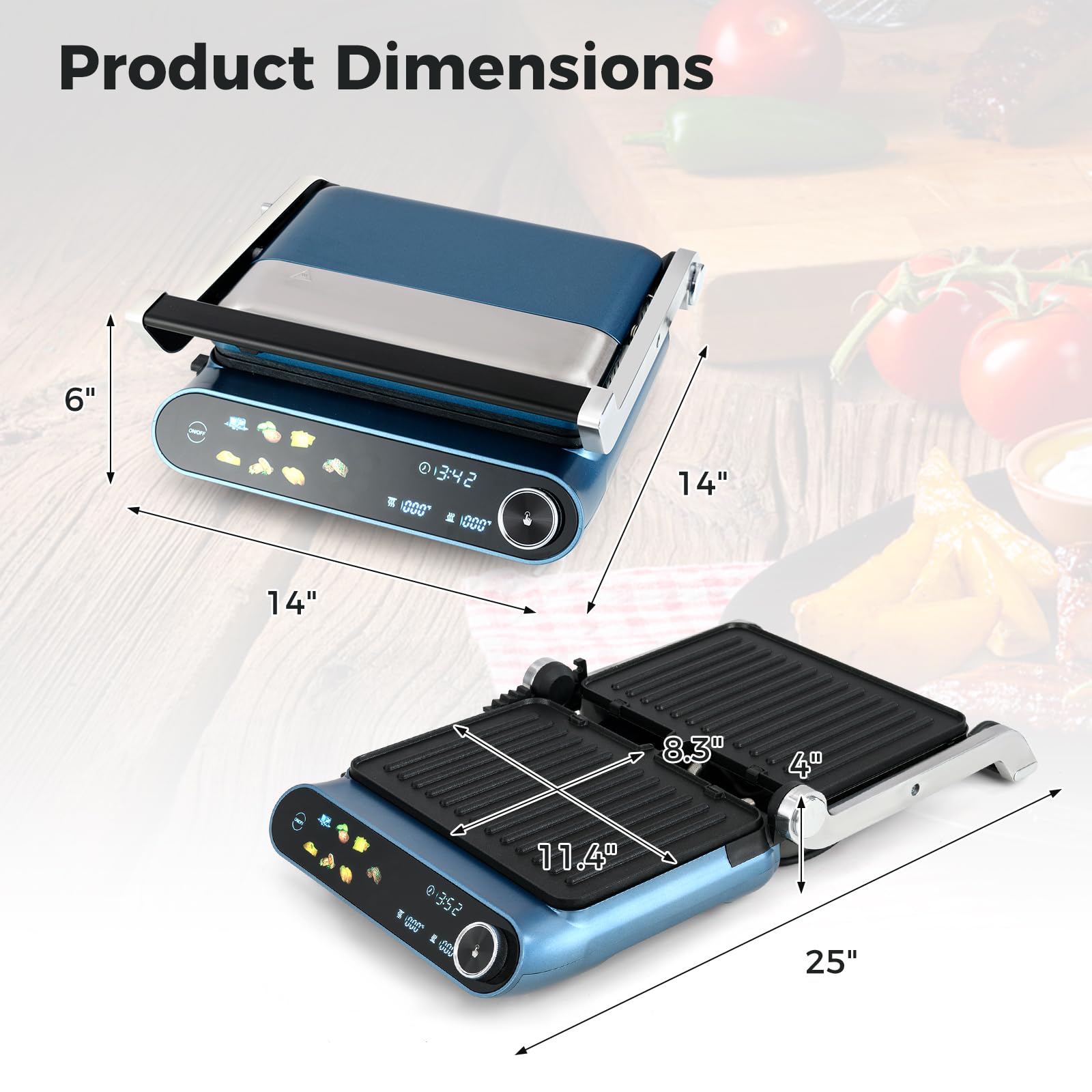 Happygrill 3 in 1 Panini Press Electric Indoor Grill & Sandwich Maker,1200W Open Flat Griddle w/ 2 Removable Non-Stick Dishwasher-Safe Plates,LED Display,7 Modes,Independent Temp Control & Drip Tray