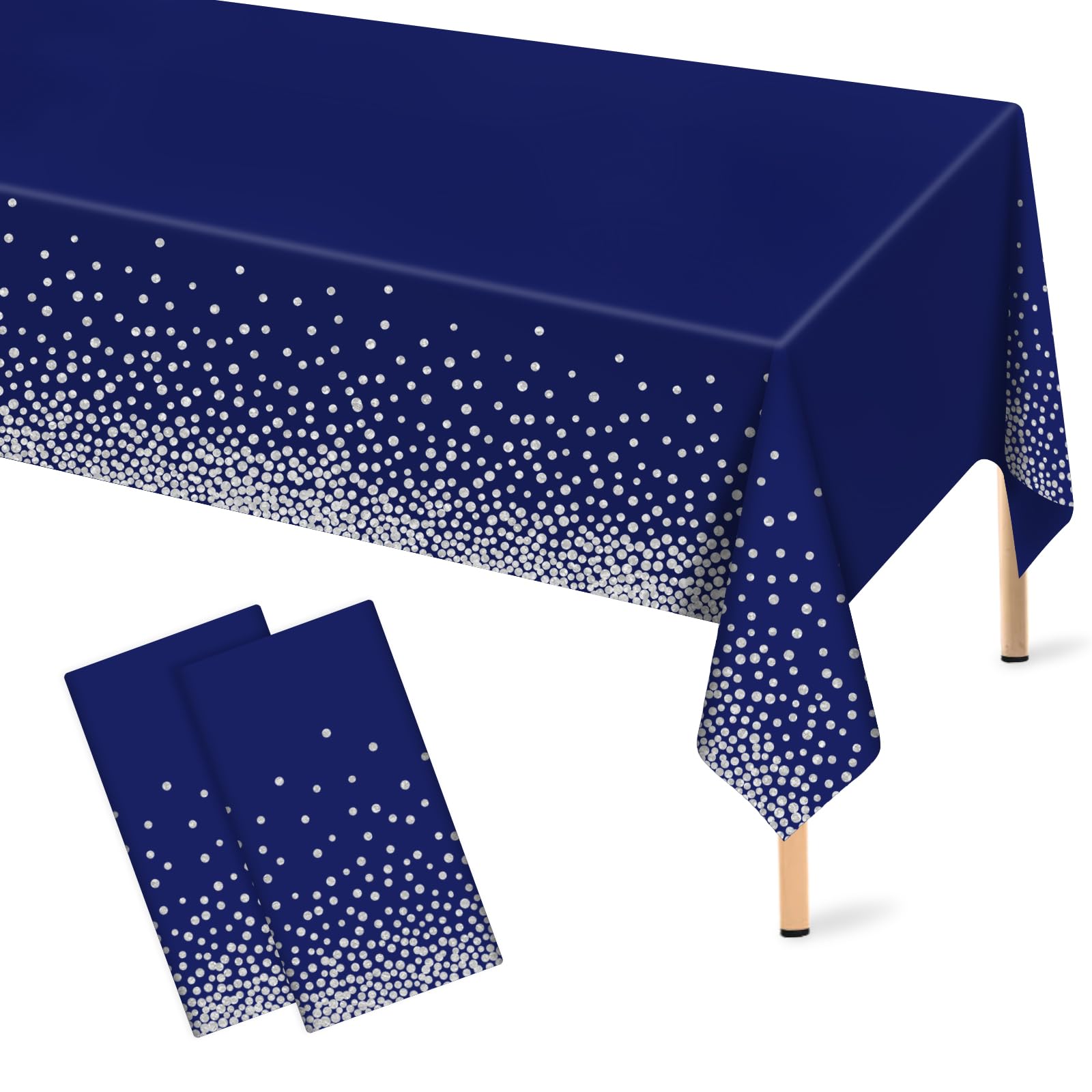 Photo 1 of Mulbozy 2 Pcs Navy Blue Plastic Tablecloth Silver Dot Blue Table Cloths, 54×108 inches Disposable DarkBlue Table Cover for Anniversary Friendsgiving Fine Dining Graduation Party Decoration