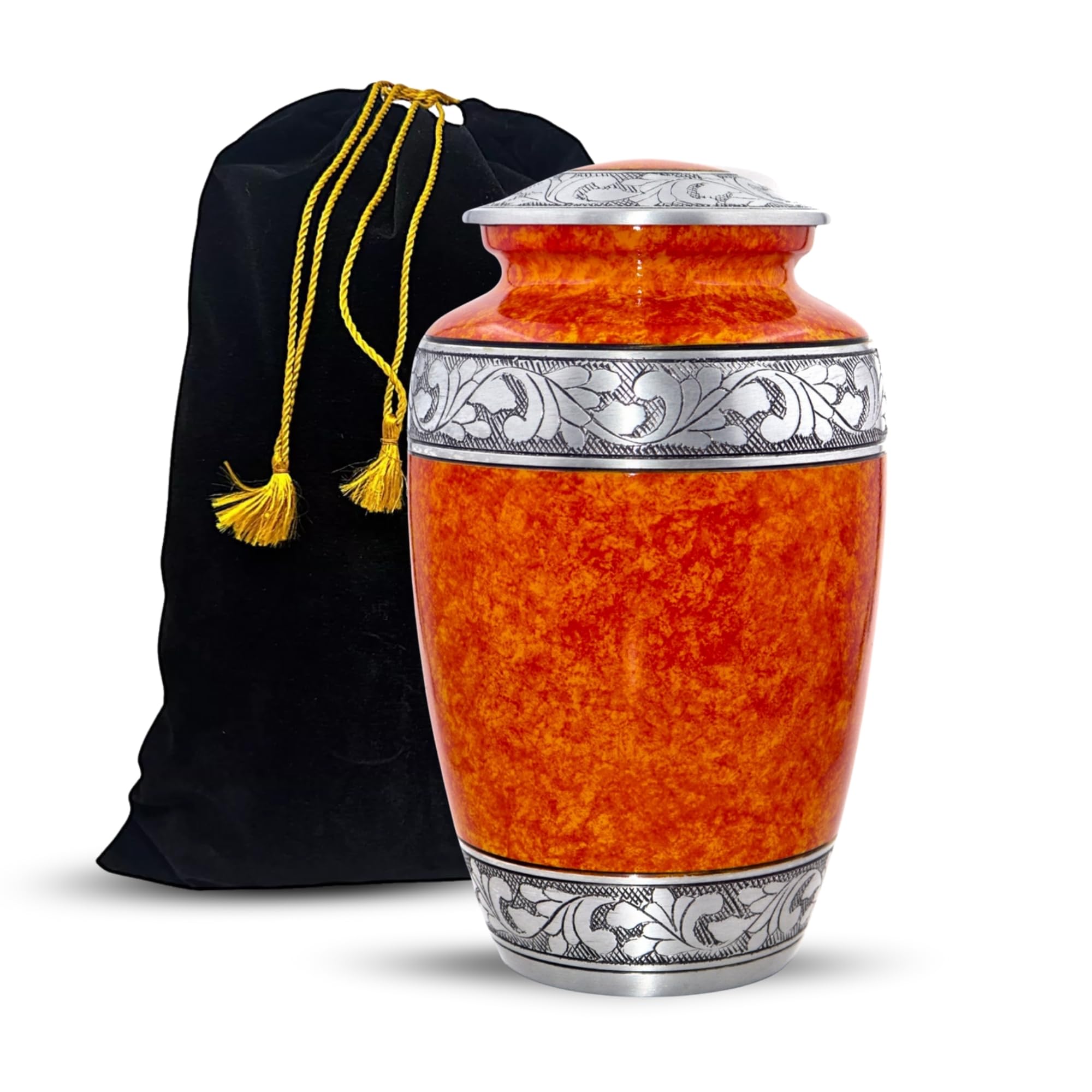Sunset Orange Adult Cremation Urn for Human Ashes - Adult Funeral Urns Handcrafted - Large Burial Urn for Human Ashes (7.5" x 7.5" x 9.5"- 200lbs or 91kg - Bag Included)