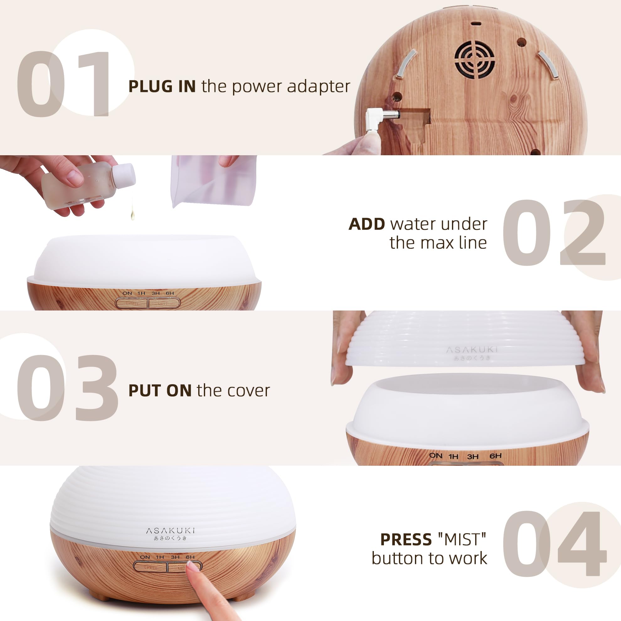 ASAKUKI 300ML Essential Oil Diffuser, Wood Grain BPA-Free Whisper Quiet Cool Mist Humidifier, Natural Home Fragrance Diffuser with 14 Colors LED Lights and Easy to Clean - Light Brown