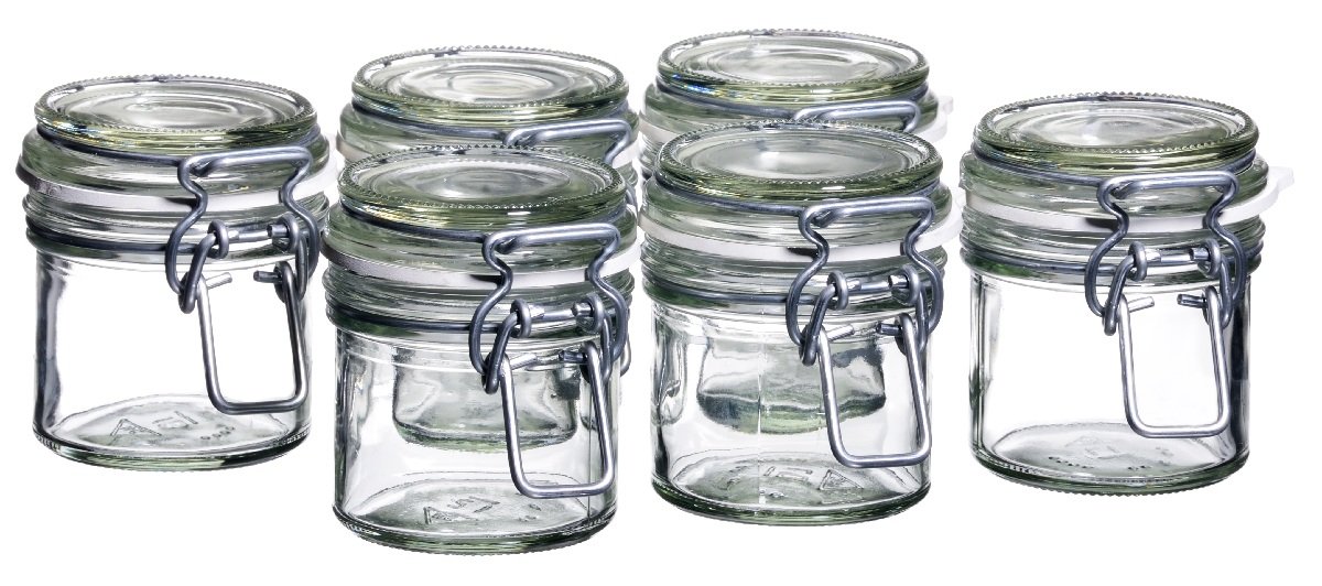 Mäser, Gothika Series, 6 x 90 Milliliters Small Storage Glasses with Swing Top, Round Gherkin Clip Top Glass Jars
