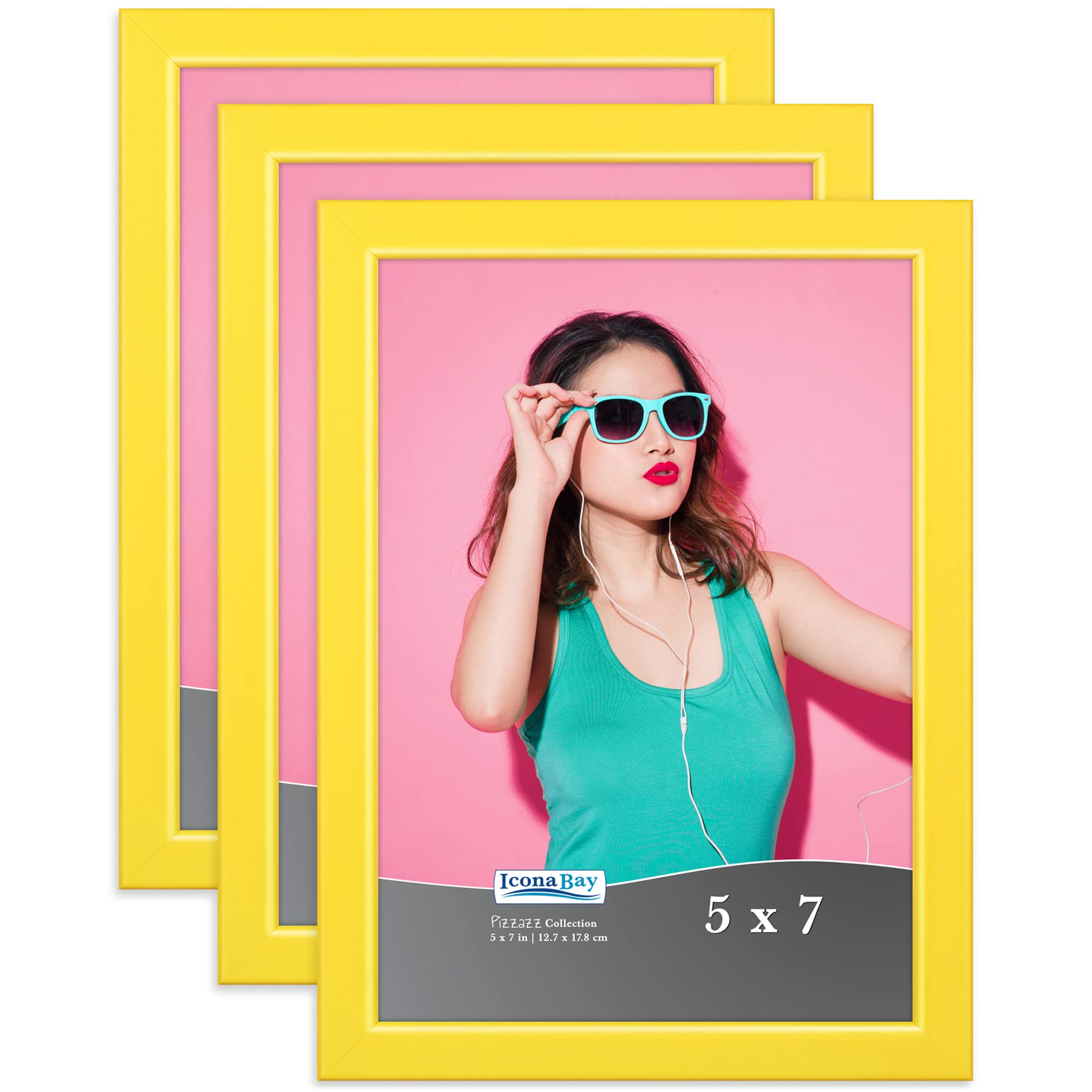 Icona Bay 7x5 Picture Frames (Yellow, 3 Pack), Coloured Solid Wood Scandinavian Style Frames for Photos, Pizzazz Collection