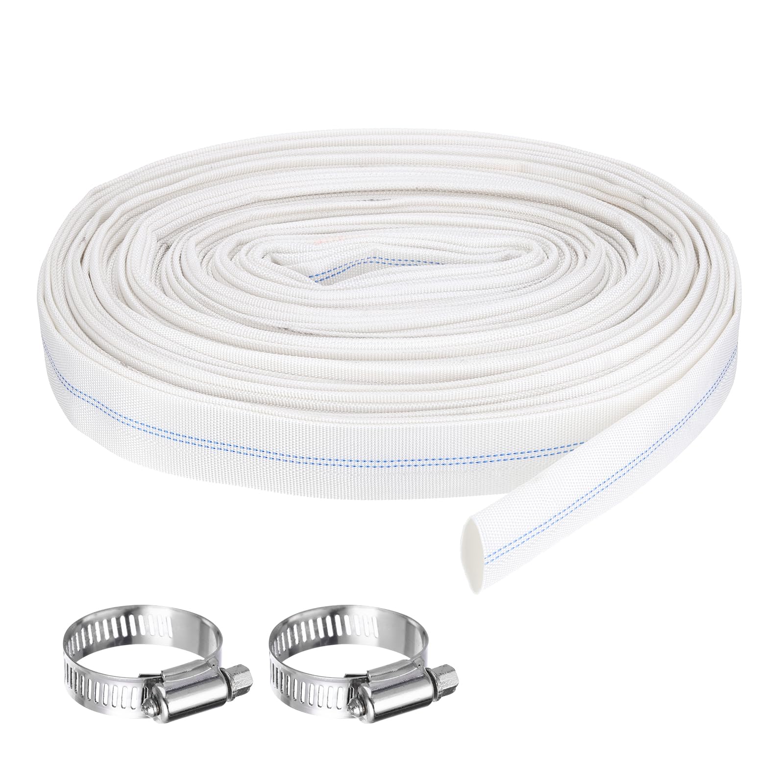 Rebower Pool Backwash Hose, 1 Inch x 30ft Reinforced Drain Hose PVC Lay Flat Water Discharge Pump Hoses for Pool Filter Swimming Pump, with 2pcs Clamps, White