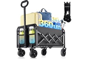 Collapsible Wagon Cart with Wheels Foldable - Lightweight 360LBS Heavy Duty Folding Utility Portable Beach Wagon with All-Ter