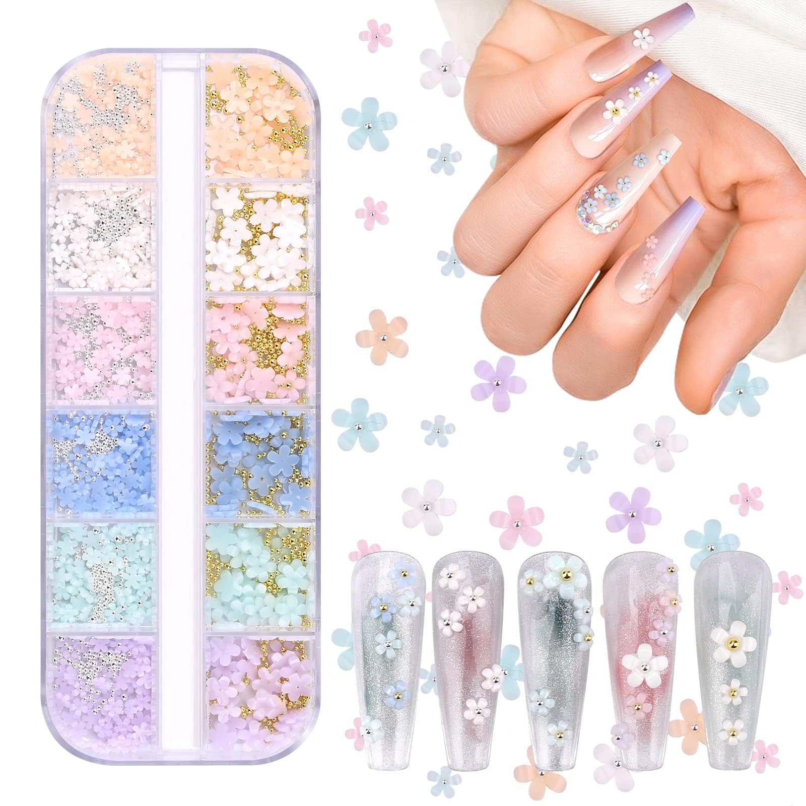 EBANKU 12 Boxes Acrylic Light Change Colorful Cherry Blossom Flower Nail Decorations for Spring Nail Art Supplies for Women Girls