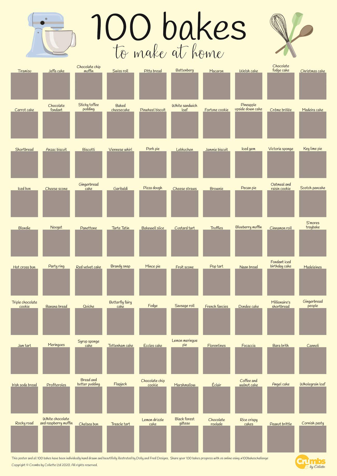 Crumbs by Collette 100 Bakes Scratch Off Poster | Baking Bucket List | Recipe Links Included | A2