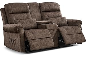 TUNYI 61.8“ Loveseat Recliner Sofa - Double Manual Loveseat Sofa with Console Velvet Fabric Recliner Theater Seating with Cup Holder/Storage/Side Pocket/Pillow for Living Room (Brown)