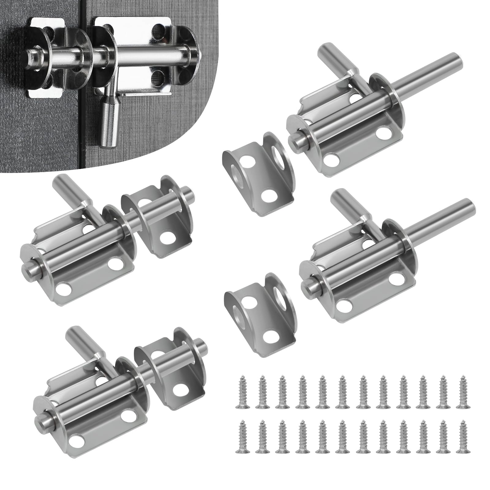 Wkmamo 4 Pcs Bolt Sliding Door Lock Stainless Steel,Latch Sliding Door Lock,Door Security Slide Latch Lock,Door Bolts Lock Latch for Bathroom Pet Doors Fences Shed Doors
