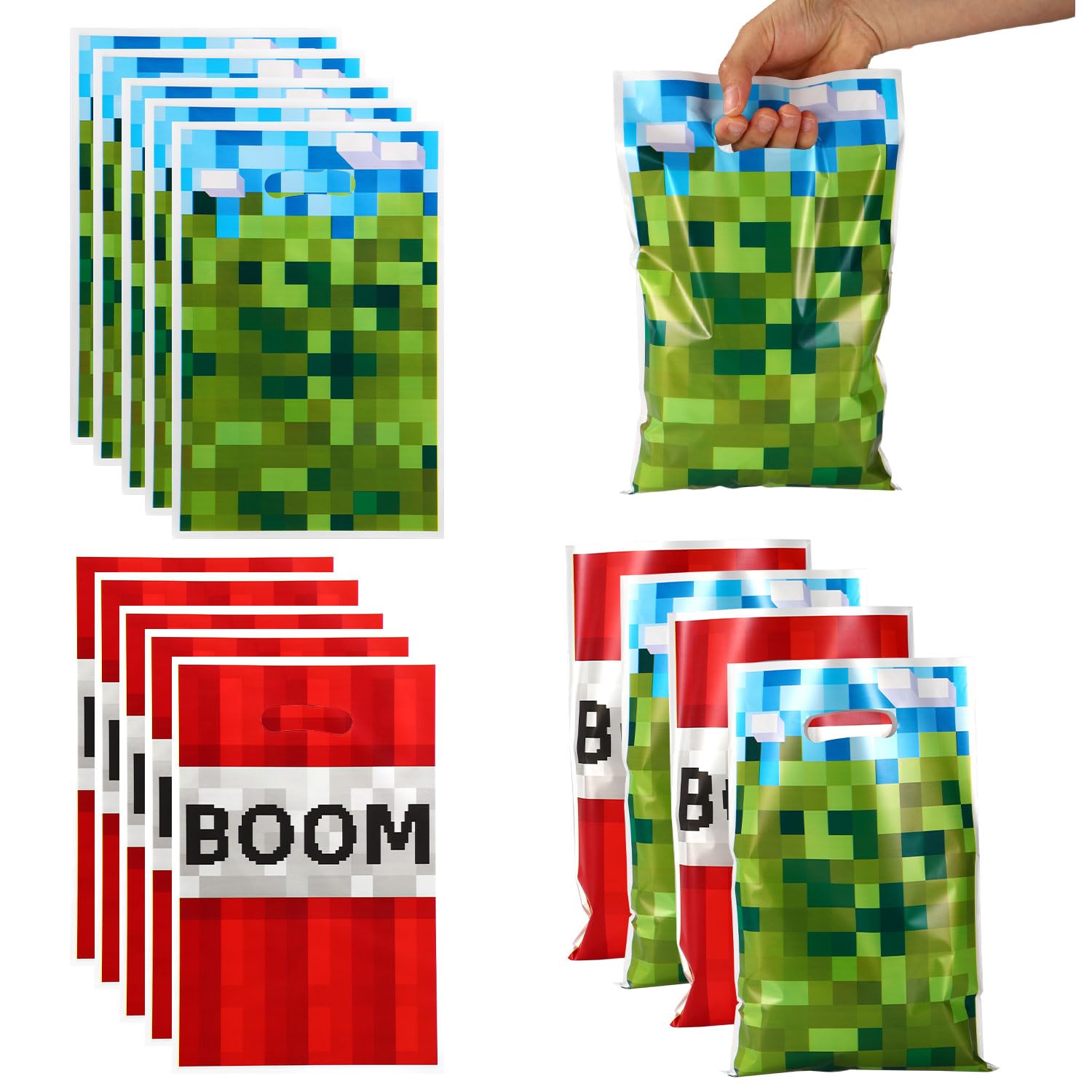 Photo 1 of **PARTIAL SET**
50pcs Party Favor Bags, Pixel Video Game Theme Gift Treat Bags Boom Plastic Candy Snack Bag with Handles for Kids Boys Girls Gamers Birthday Party Supplies (Blue, Green, Red)