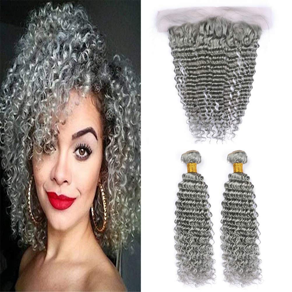 Zara Hair Grey Curly Human Hair 2 Bundles with Frontal Closure Gray Virgin Peruvian