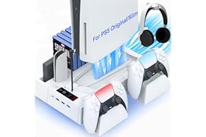 IPLYGAM PS5/Slim Cooling Station for PS5 Disc&Digital, PS5 Cooling Stand with Dual Controller Charging for PlayStation 5 Console, Multi-Function PlayStation 5 Accessories Controller Charger with Storage Slot