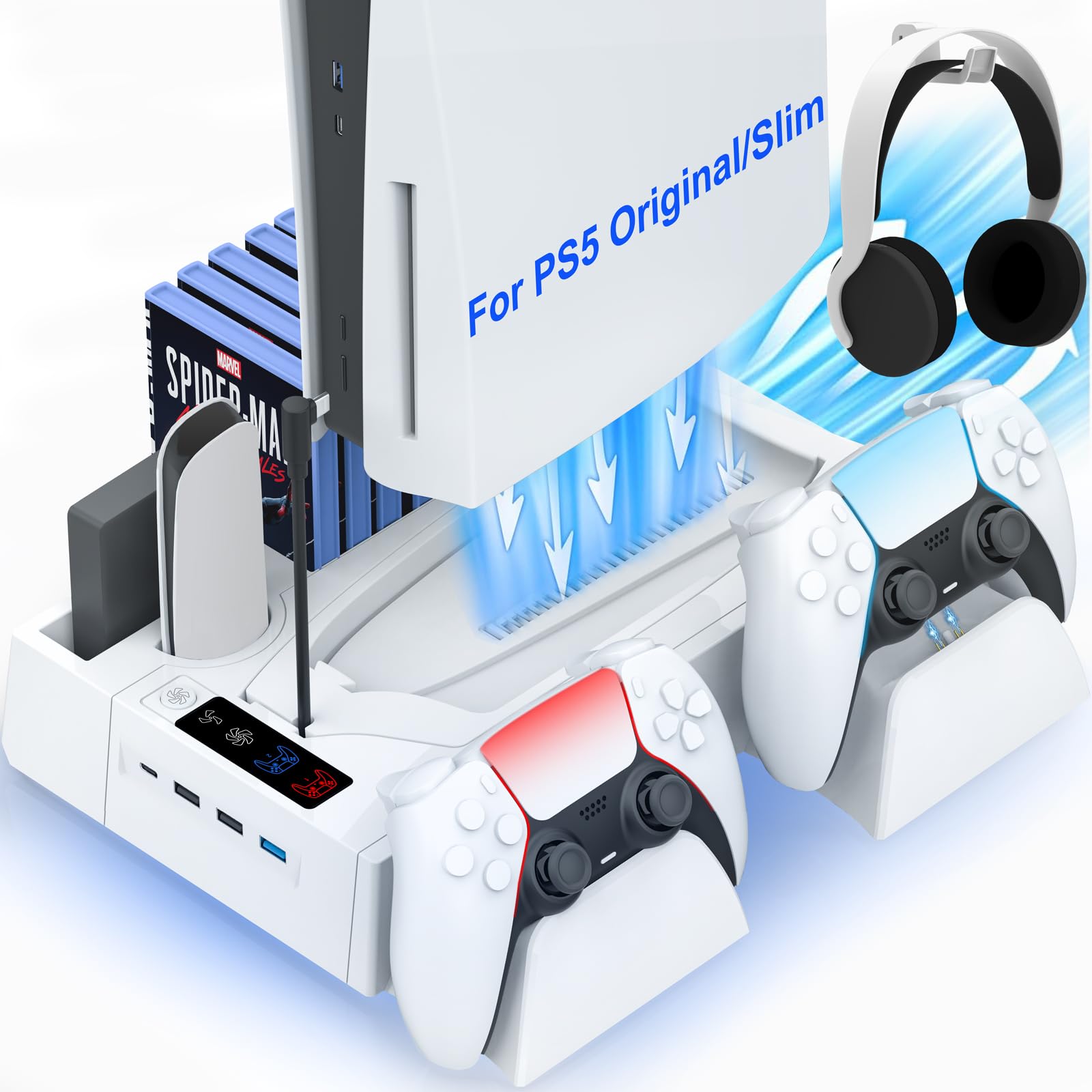PS5/Slim Cooling Station for PS5 Disc&Digital, PS5 Cooling Stand with Dual Controller Charging for PlayStation 5 Console, Multi-Function PlayStation 5 Accessories Controller Charger with Storage Slot