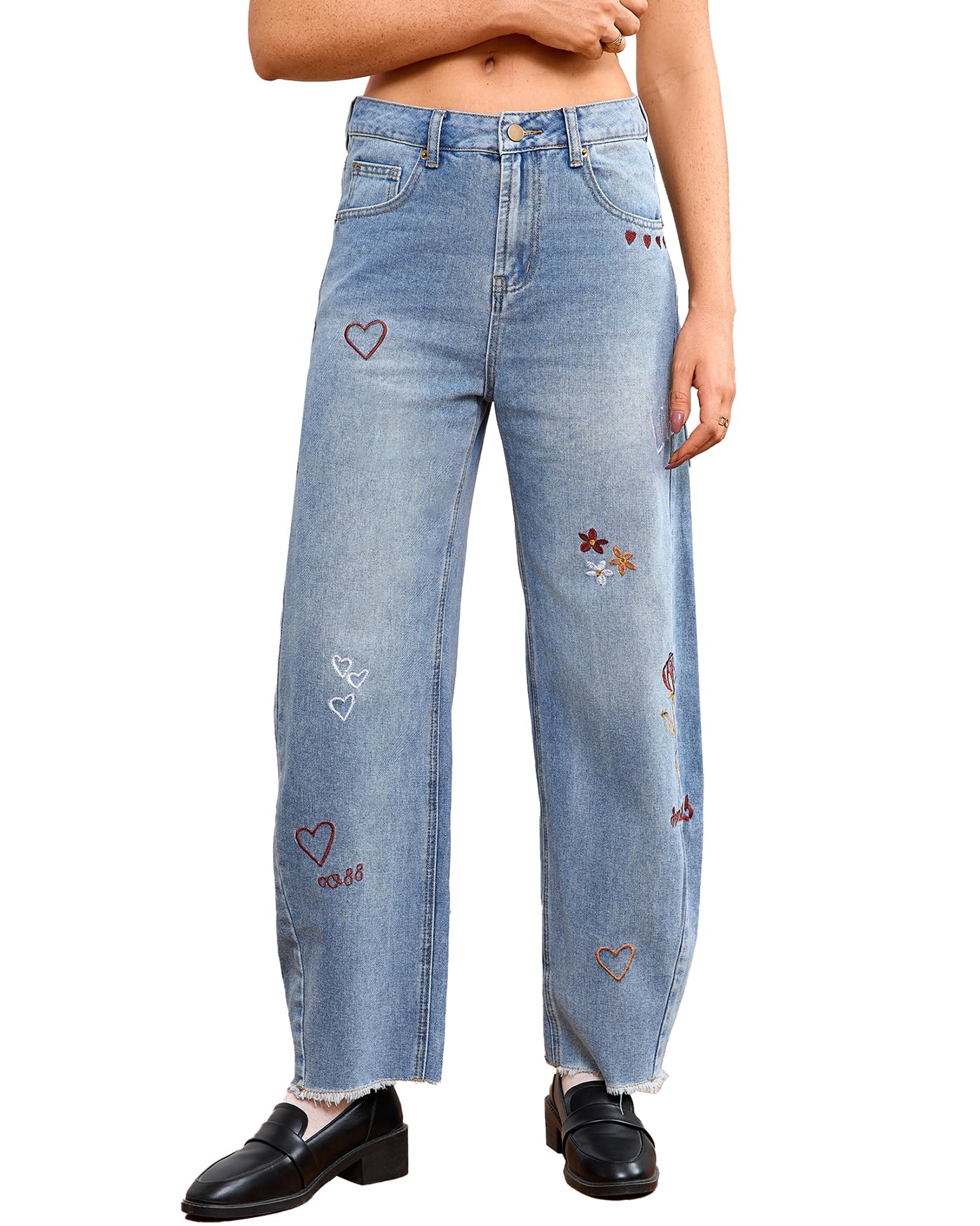 Photo 1 of **DAMAGED** YEXPINE Women Valentines Day Pattern Embroidered Barrel Jeans Wide Leg Mid Rise Baggy Boyfriend Y2K Denim Pants with Pockets Light Blue